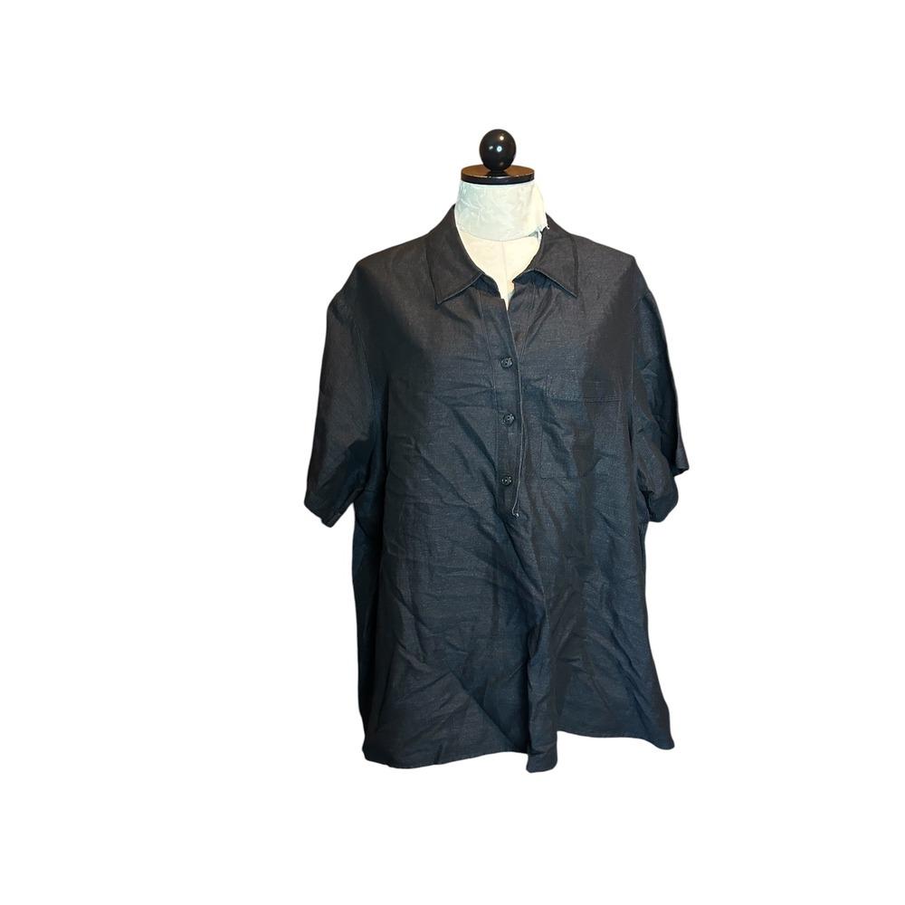 Edward Woman Irish Linen Short Sleeve Button Up Shirt Black Top Plus 2X???